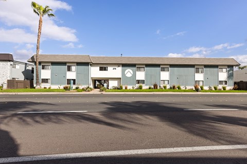 A building with a palm tree in front of it.