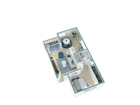 A 3D floor plan of a house with a kitchen, living room, and two bedrooms.