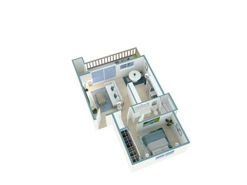 A 3D floor plan of a house with a kitchen, living room, and bathroom.