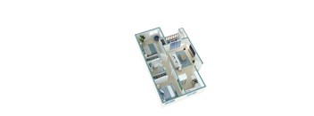A 3D image of a house layout with a kitchen, living room, and bathroom.