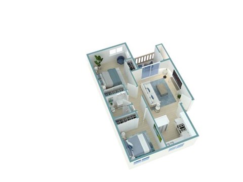 A 3D image of a house layout with a kitchen, living room, and bathroom.