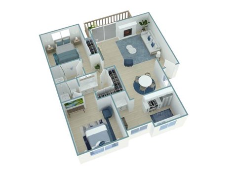 A 3D floor plan of a house with a kitchen, living room, and bathroom.