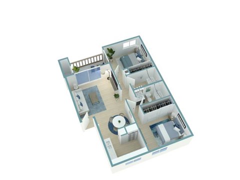 A 3D floor plan of a house with a kitchen, living room, and bathroom.