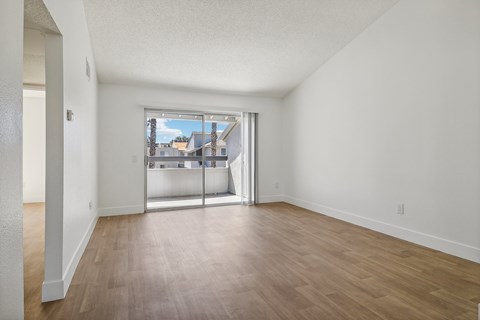 A room with wooden floors and a sliding glass door leading to a balcony.