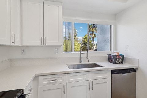 A kitchen with white cabinets and a black dishwasher.