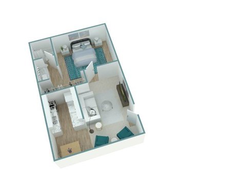 A 3D model of a house layout with a swimming pool.