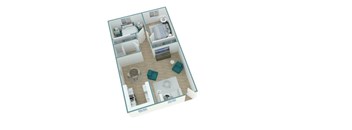 A 3D floor plan of a house with a kitchen, living room, and bedrooms.