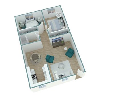 A 3D floor plan of a house with a kitchen, living room, and bedrooms.