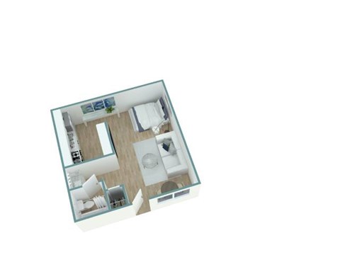 A top down view of a small apartment with a kitchen, living room, and two bedrooms.