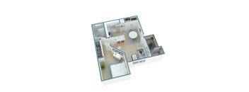 A 3D floor plan of a house with a kitchen, living room, and bathroom.