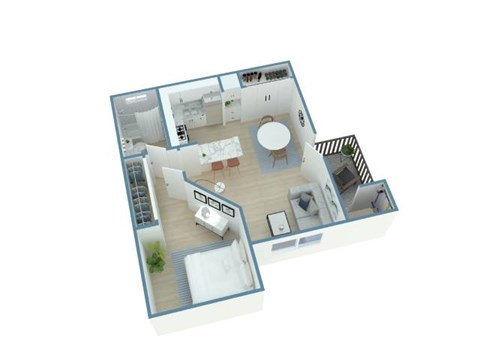 A 3D floor plan of a house with a kitchen, living room, and bathroom.