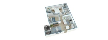A 3D floor plan of a house with a kitchen, living room, and bedrooms.