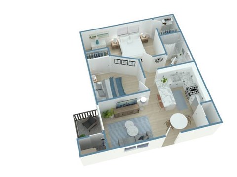 A 3D floor plan of a house with a kitchen, living room, and bedrooms.