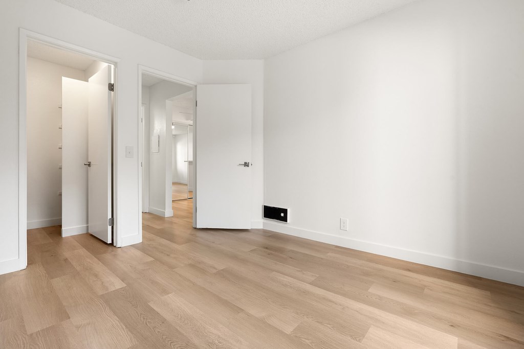 A room with white walls and wooden flooring with two open doors.