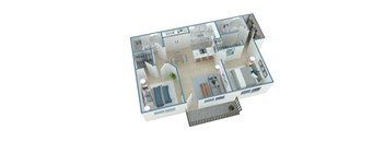 A 3D floor plan of a house with a kitchen, living room, and bathrooms.