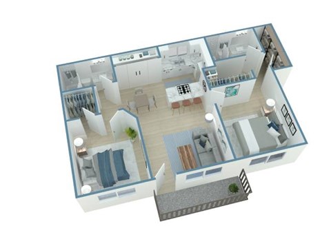 A 3D floor plan of a house with a kitchen, living room, and bathrooms.