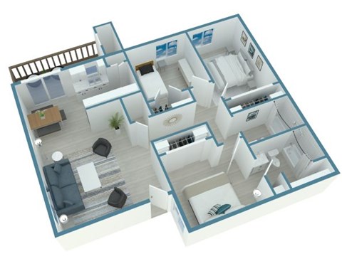 A 3D floor plan of a house with a kitchen, living room, and bathrooms.