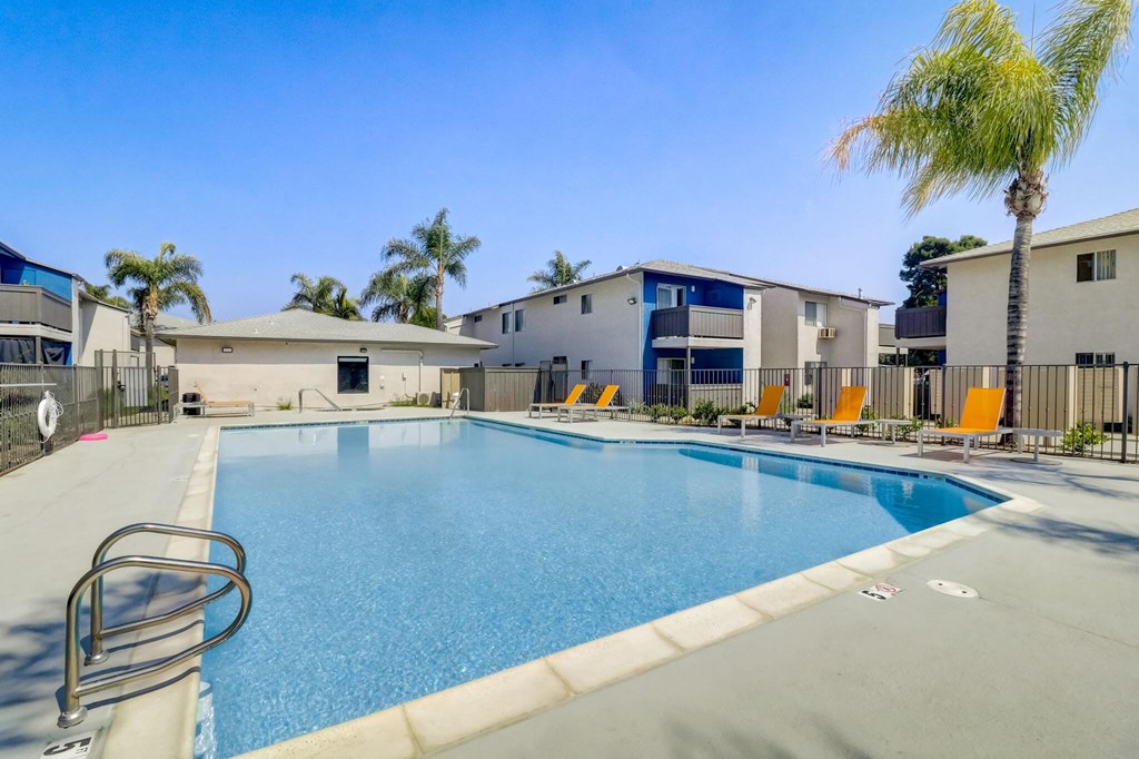A swimming pool surrounded by palm trees and sun loungers.