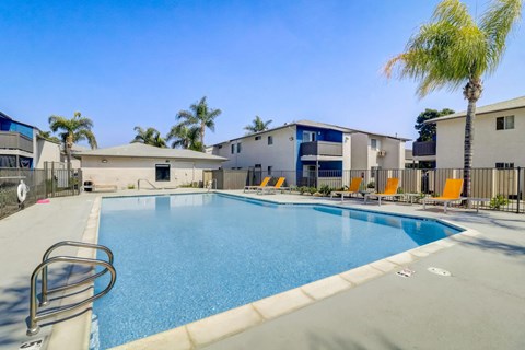 A swimming pool surrounded by palm trees and sun loungers.