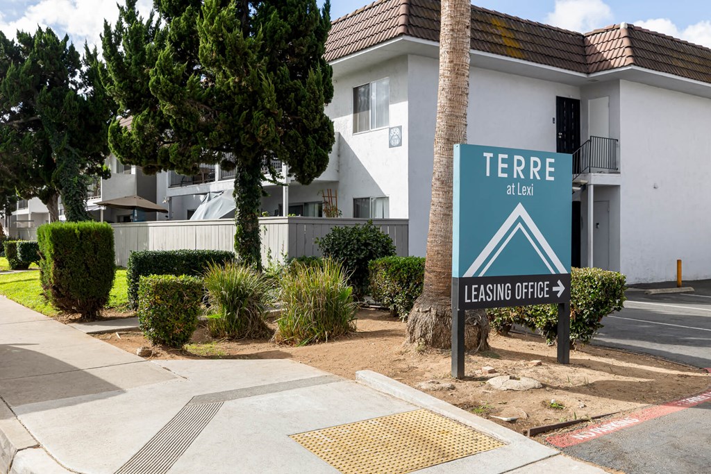 A sign for Terre at Lev is in front of a building.