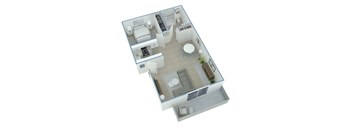A 3D floor plan of a house with a kitchen, living room, dining room, and two bedrooms.