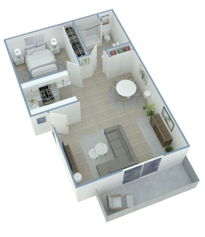 A 3D floor plan of a house with a kitchen, living room, dining room, and two bedrooms.