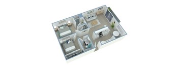 A 3D floor plan of a house with multiple rooms.