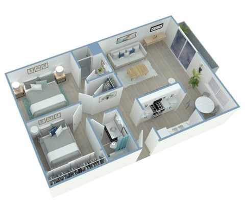 A 3D floor plan of a house with multiple rooms.