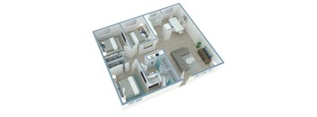 A 3D floor plan of a house with multiple rooms.