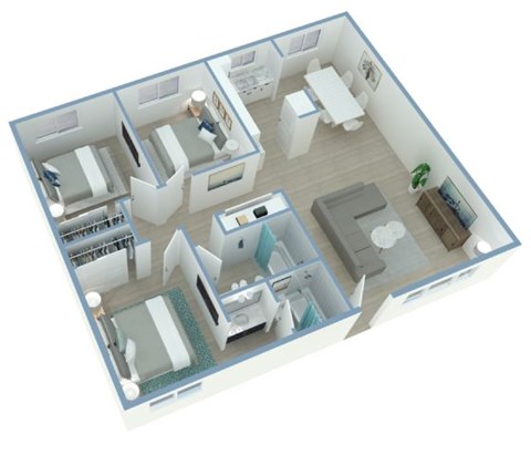 A 3D floor plan of a house with multiple rooms.