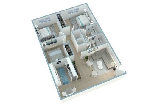 A 3D floor plan of a house with a pool.