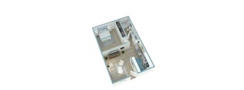 A top down view of a small apartment with a kitchen, living room, and bathroom.