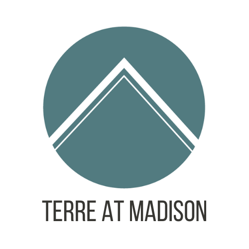 A logo with a circle and a triangle in the middle and the words Terre at Madison.