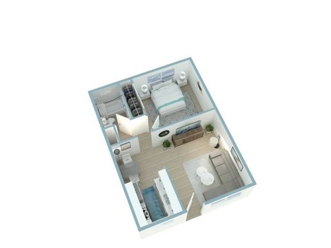 A 3D floor plan of a small apartment with a kitchen, living room, and bathroom.