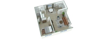 A 3D floor plan of a house with a kitchen, living room, and bathroom.