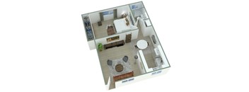 A 3D floor plan of a small apartment with a living room, kitchen, and bathroom.