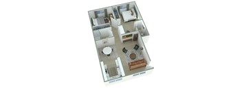 A 3D floor plan of a house with a living room, kitchen, dining room, and bedrooms.