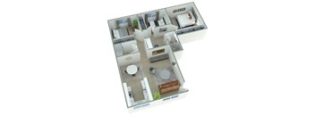 A 3D floor plan of a house with a living room, kitchen, and bathroom.