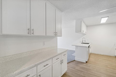 A kitchen with white cabinets and a countertop.