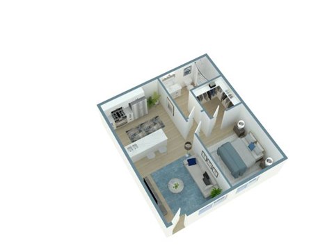 A 3D floor plan of a house with a kitchen, living room, and bathroom.