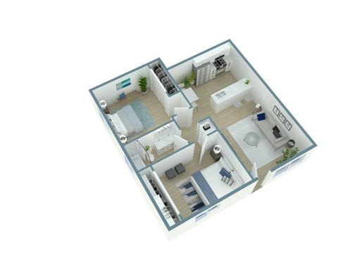 A 3D floor plan of a house with a kitchen, living room, and bathroom.