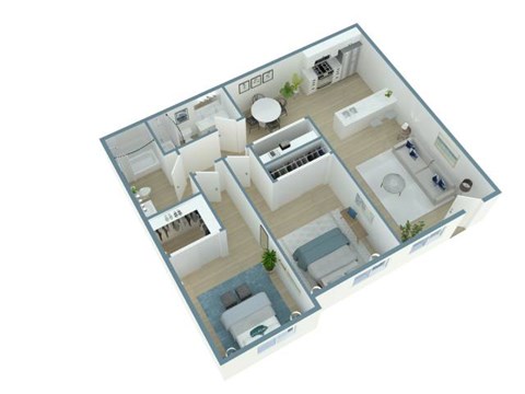 A 3D floor plan of a house with multiple rooms.