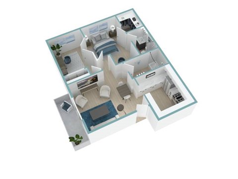 A 3D floor plan of a house with a kitchen, living room, and two bedrooms.