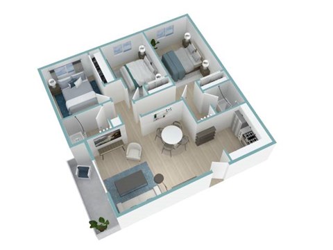 A 3D floor plan of a house with a kitchen, living room, and bathroom.
