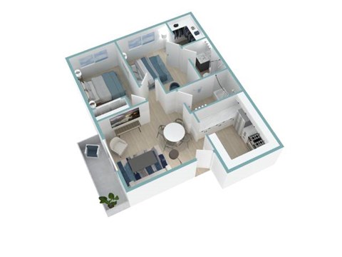 A 3D floor plan of a house with a kitchen, living room, and bathroom.