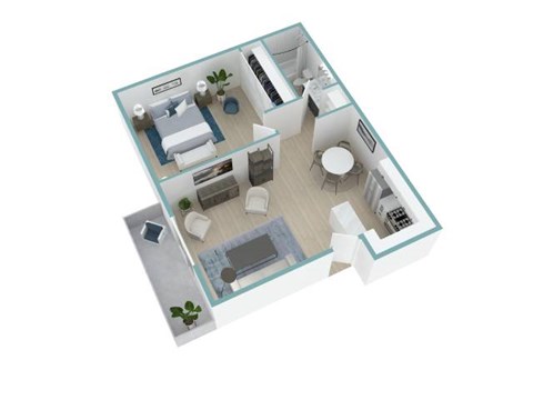 A 3D floor plan of a house with a kitchen, living room, and bathroom.