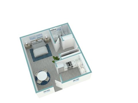 A 3D image of a small apartment with a bedroom, living room, and kitchen.