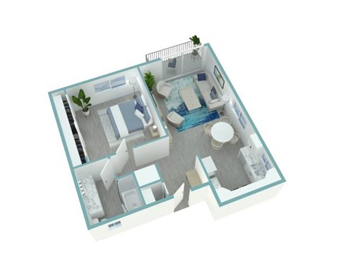 A 3D image of a house layout with a pool.