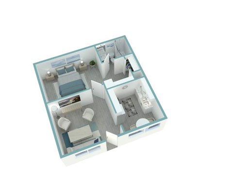 A 3D floor plan of a house with a kitchen, living room, and two bedrooms.