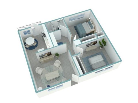 A 3D floor plan of a small apartment with a kitchen, living room, and bathroom.